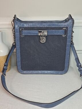 Michael Kors Slate Blue Denim Croc-Trim Hamilton Bag